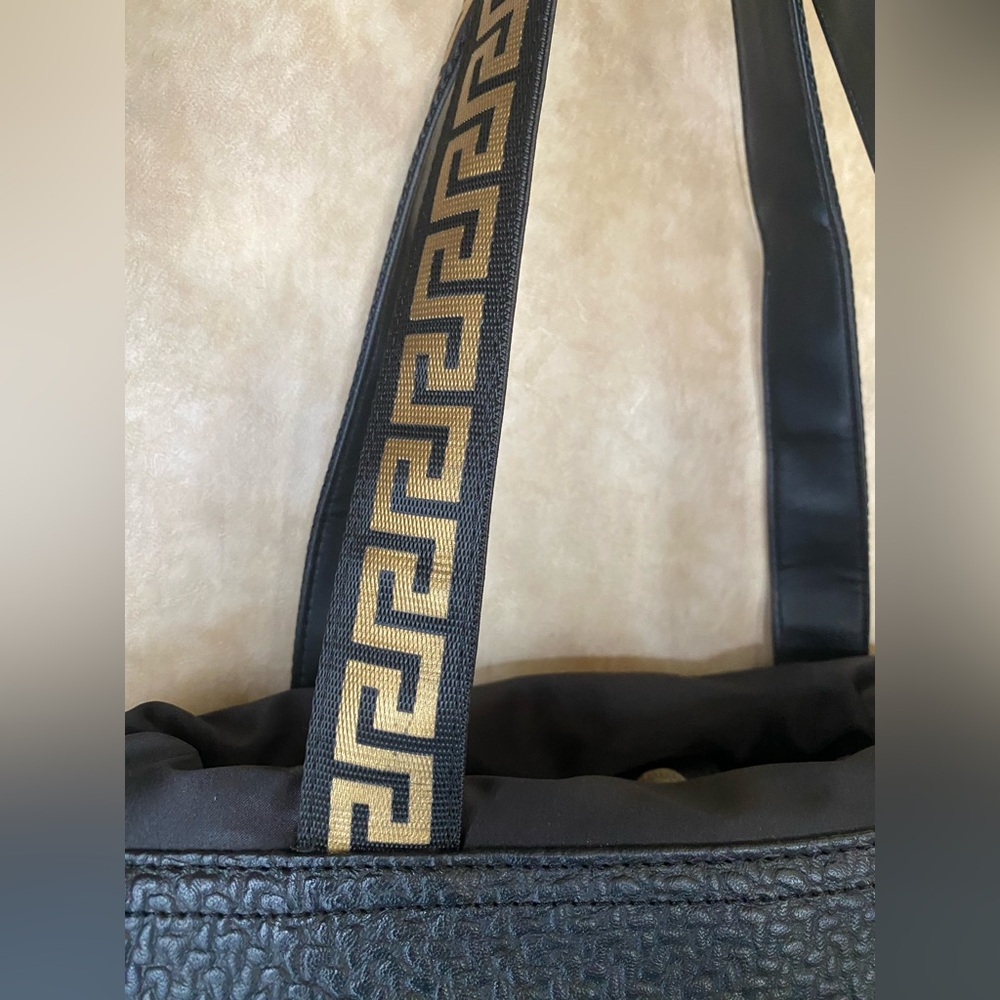 Versace Perfums Black Faux Leather Tote Bag Gold Accents Drawstring Magnetic Big - Picture 4 of 13